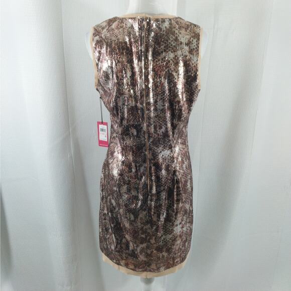 NWT@$128! VINCE CAMUTO! GOLD & AMBER BROWN MOTTLED SEQUINNED SHEATH DRESS! SZ 10 - Picture 5 of 10